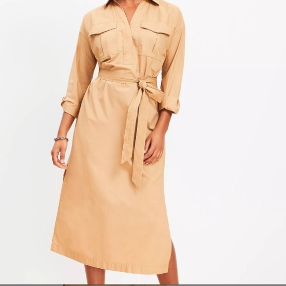 LOFT Dresses & Skirts - Loft Petite Tan Brown Shirt Dress with Tie Belt, Utility Style 00 Petite NWT $99